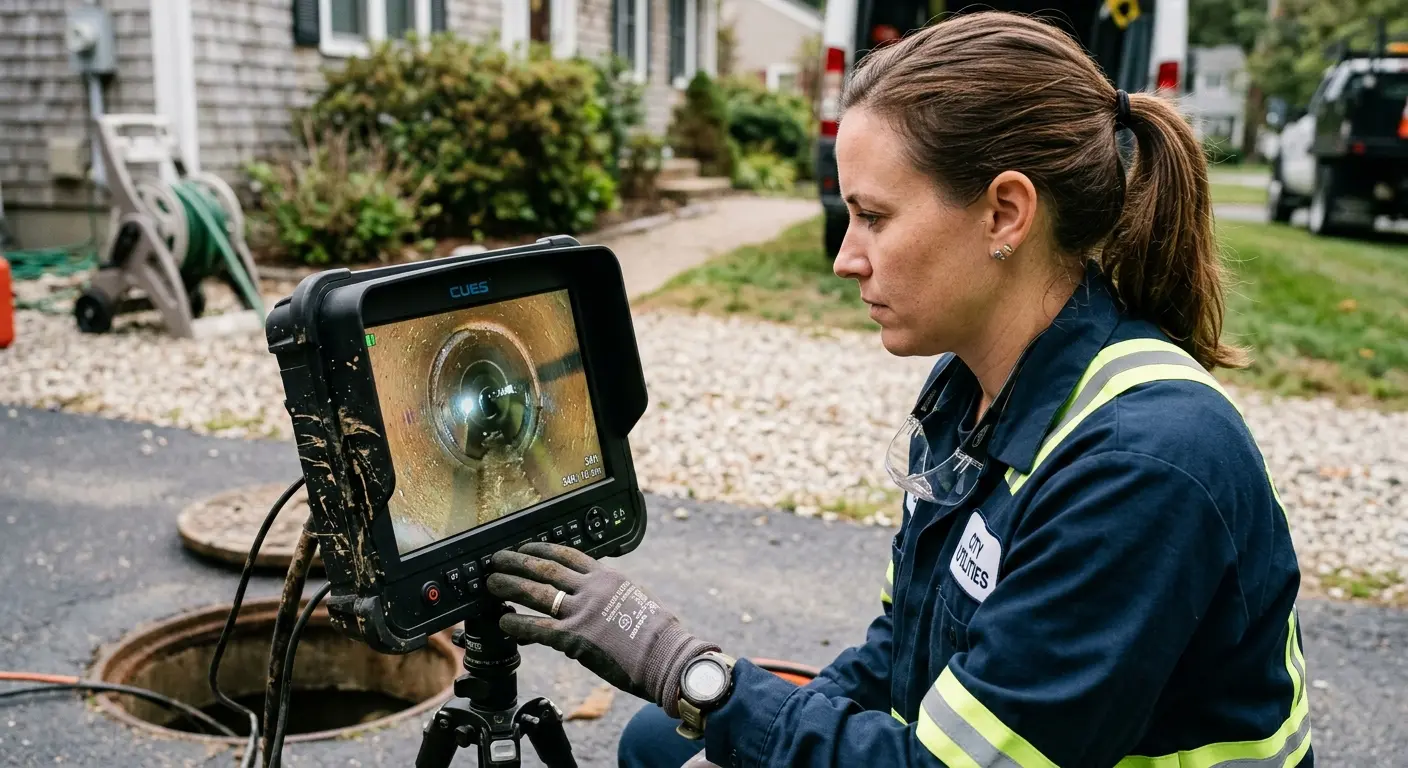 Technician reviewing sewer camera inspection footage in Crockett