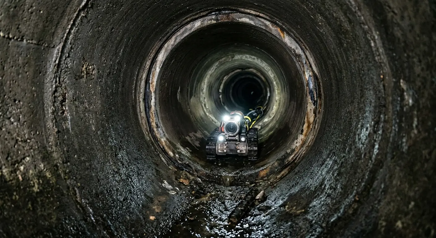 Robotic sewer camera inspecting pipe interior for Sewer Line Cleaning in Crockett
