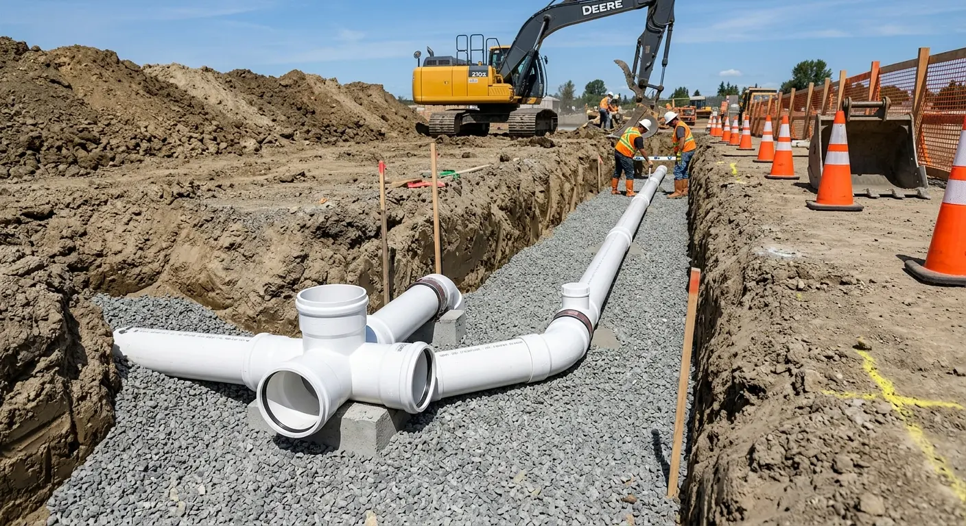 New PVC sewer pipe installation in open trench for Sewer Backup in Crockett