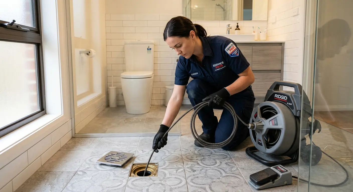 Technician clearing a bathroom floor drain for Hydro Jetting in Crockett